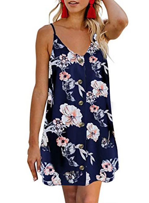 AlvaQ Summer Sleeveless Floral Dress for Women Spaghetti Straps Button Down V Neck Swing Skater Floral Mini Dresses Blue Large AlvaQ Summer Sleeveless Floral Dress for Women Spaghetti Straps Button Down V Neck Swing Skater Floral Mini Dresses Blue Large
