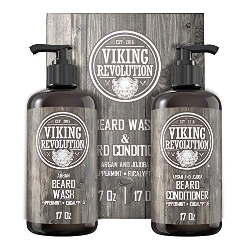 Viking Revolution Beard Wash  and  Beard Conditioner Set w/Argan  and  Jojoba Oils  Softens- Smooths  and  Strengthens Beard Growth - Natural Peppermint and Eucalyptus Scent - Beard Shampoo w/Beard Oil -17 oz-