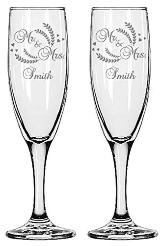 Gifts Infinity Engraved Wedding Champagne Flutes Set of 2 Personalized Toasting Glasses -Yellow Interlock-