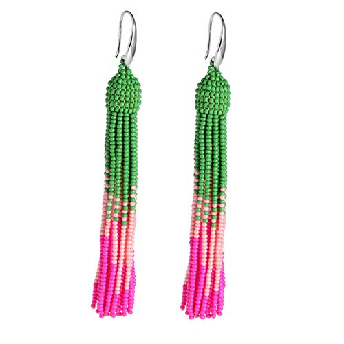 Bonnie Tassel Earring Bead Statement Dangle Drop Seed Glass Hook Earrings -Pink and Green-