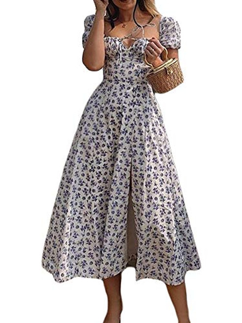 Women Maxi Dress Cottagecore Long Dresses Floral Casual Vintage Spring Summer Ruffle Sleeve Sweetheart Neckline Dress -Light Blue- Large-