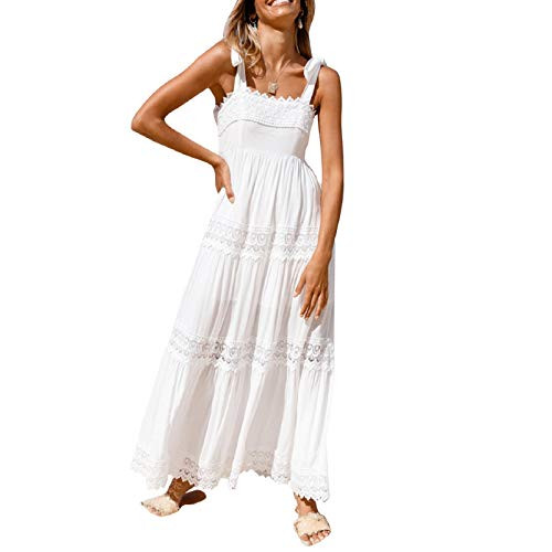 Women's Casual Boho Lace Maxi Dress Square Neck Sleeveless Long Dress Backless Summer Beach Sundress -A White- S- Women's Casual Boho Lace Maxi Dress Square Neck Sleeveless Long Dress Backless Summer Beach Sundress -A White- S-