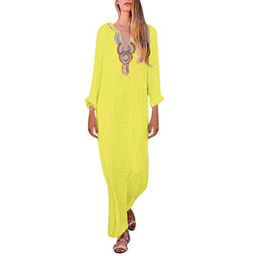 Women's Printed Long Dress V-Neck Maxi Dress Split Hem Baggy Kaftan t Shirt Dress Yellow Women's Printed Long Dress V-Neck Maxi Dress Split Hem Baggy Kaftan t Shirt Dress Yellow