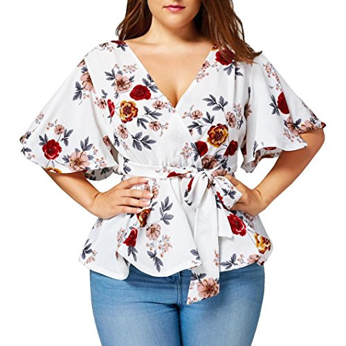 vermers Fashion Womens Tops V-Neck Floral Print Plus Size Belt Surplice Peplum Blouse -3XL- White-