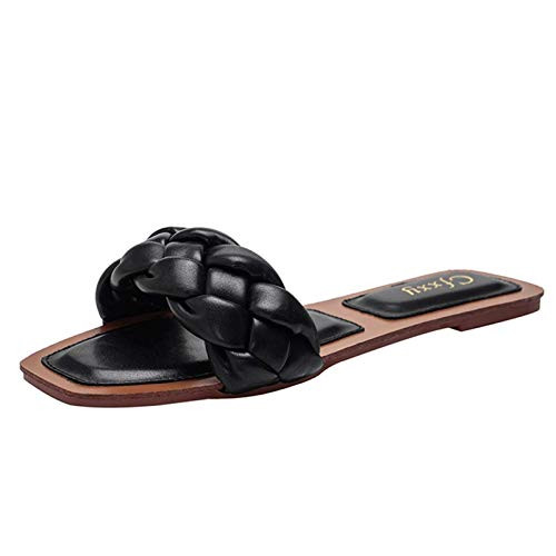 Womens Square Open Toe Flat Sandals Braided Strap Slide Sandals Slip On Slides Black Womens Square Open Toe Flat Sandals Braided Strap Slide Sandals Slip On Slides Black
