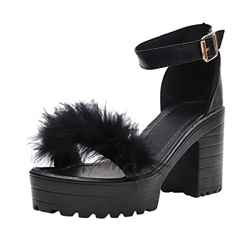 Women's Platform Wedge Sandals - Fashion Ankle Strap High Heeled Block Chunky Heel Shoes Velvet Sexy Dress Open Toe Heels Pump Adjustable Strap Sandals Black