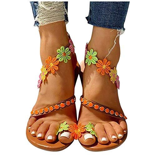 Xudanell Womens Sandals Flat Open Toe Strappy Studded Flower Decoration Leather Cute Summer Casual Dressy Sandals for Women Orange