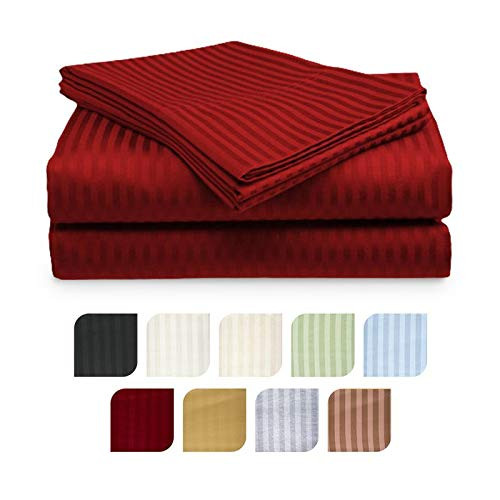 Crystal Trading 4-Piece Bed Sheet Set - Dobby Stripe - 100 percent Cotton Sateen - 300 Thread Count -King- Burgundy-