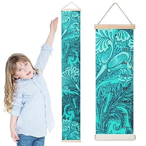 Growth Chart for Kids Flower-Damask Teal Children Height Measurement Ruler Hospital Waterproof Wall Rulers Chart Decor for Bedroom Toddlers Baby Height Ruler Growth Charts Decals with Lanyard