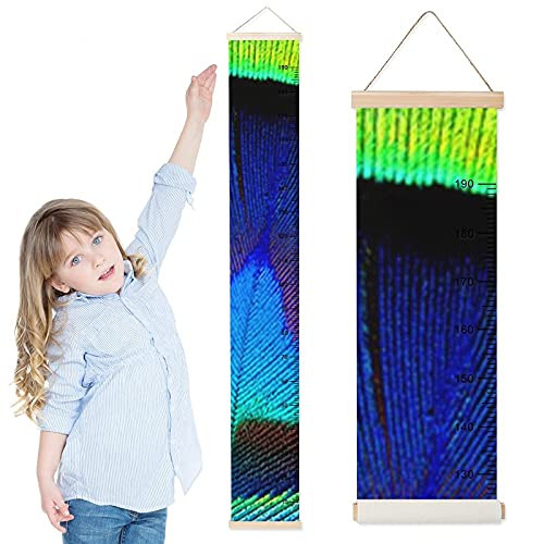 Kids Growth Chart Peacock Feathers Colorful Children Height Measurement Ruler Hospital Waterproof Wall Rulers Chart Decor for Bedroom Toddlers Baby Height Ruler Growth Charts Decals with Lanyard