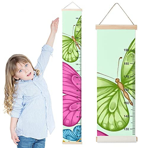 Kids Growth Chart Blue Yellow Green Pink Butterflies Children Height Measurement Ruler Corridor Removable Kids Room Hanging Height Rulers Boys Girls Height Tracker Growth Charts Decals with Lanyard