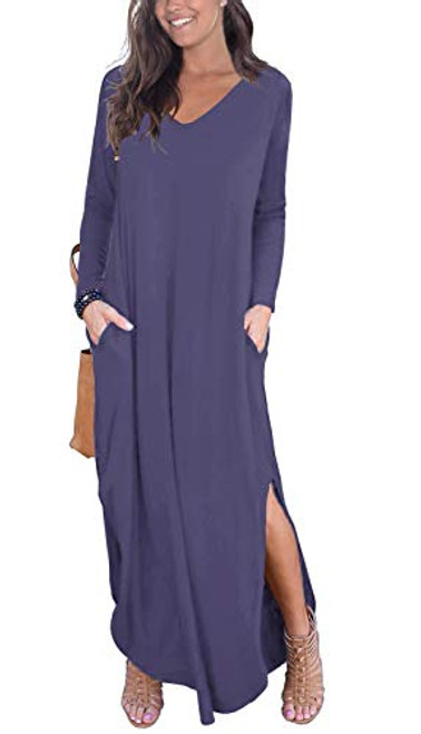 GRECERELLE Women's Casual Loose Pocket Long Dress Long Sleeve Split Maxi Dresses Purple Gray X-Small