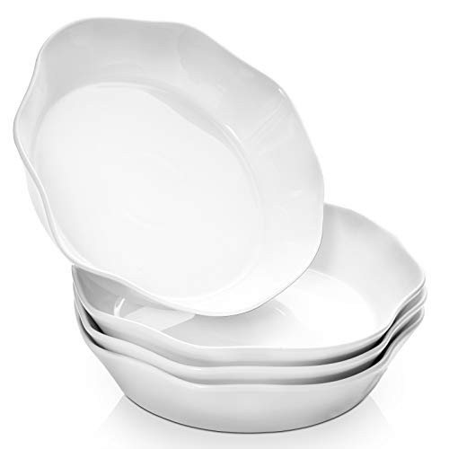 DOWAN 9inch Pasta Salad Bowls Set of 4- 34OZ Pasta Bowls for Kitchen- White Salad Serving Bowls- Microwave  and  Dishwasher Safe Ceramic Flower-Shaped Serving Bowls- Ideal for Pasta- Salad- Soup- Cereal