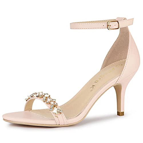Allegra K Women's Rhinestone Stiletto Heels Ankle Strap Beige Pink Heeled Sandals - 6.5 M US