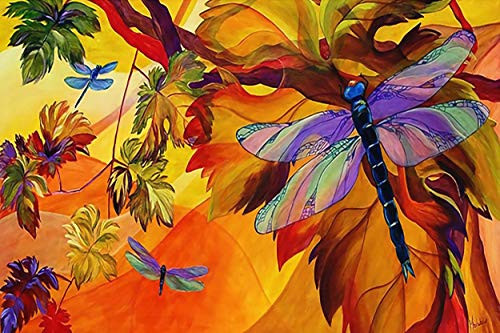 Q and K Jigsaw Puzzles for Kids 500-Piece Colorful Dragonfly on Abstract Tree DIY Wooden Toys Games Puzzle