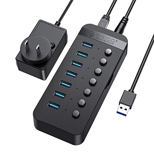 ORICO Powered USB Hub- 7 Ports 24W USB 3.0 Data Hub with BC1.2 Charging- Individual On/Off Switches and 12V/2A Power Adapter for Desktop Computer- PC- iMac- Mobile HDD- Flash Drive