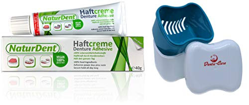 Natural Strong Denture Adhesive NaturDent | Holds Dentures Longer and Stronger | NO Zinc NO Paraben No Yucky Taste | Bundle with Dentu-Care Denture Storage Box Case