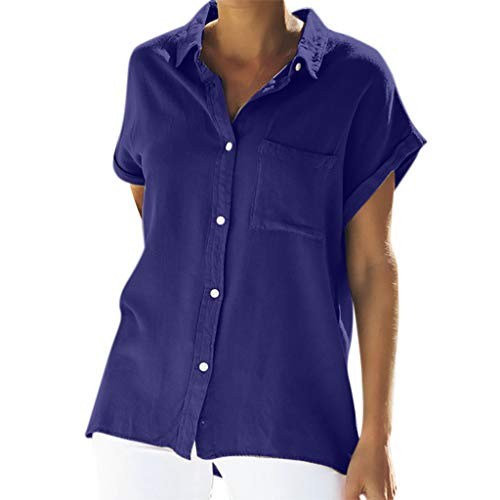 Blouses for Women vermers Women's Casual Solid Short Sleeve Button Down Shirts Tops with Pocket-2XL- Blue-