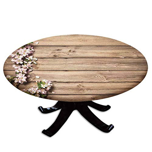 Elastic Edged Polyester Fitted Table Cover-Sweet Spring Flowering Branch on Weathered Wooden Blooming Orchard-Fits up to 36inch Diameter Tables-The Ultimate Protection for Your Table-Pink Brown Green