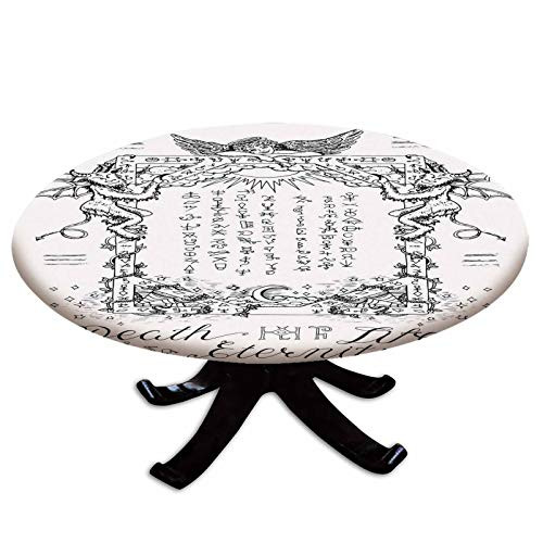 Elastic Edged Polyester Fitted Table Cover-Gothic Medieval Magic and Spell Symbols Eternal Life Ritual Chart Art Theme-Fits up to 36inch Diameter Tables-The Ultimate Protection for Your Table-White Black