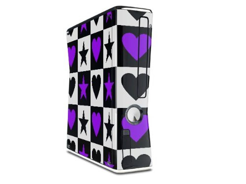 Purple Hearts And Stars Decal Style Skin for XBOX 360 Slim Vertical -OEM Packaging-
