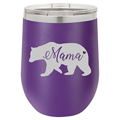 12 oz Double Wall Vacuum Insulated Stainless Steel Stemless Wine Tumbler Glass Coffee Travel Mug With Lid Mama Bear Mom Mother -Purple-