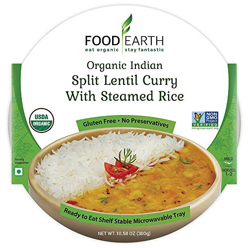 Food Earth Organic Indian Split Lentil Curry with Steamed Rice - Ready to Eat Meals - Indian Food - Organic Microwaveable Meals - Pre Prepared Meals - -6 PACK-