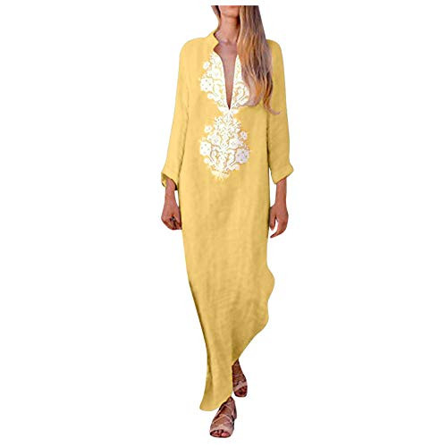 Women Maxi Dress Summer Long Sleeve V Neck Casual Loose Long Dresses Elegant Split Hem Baggy Kaftan Dress Beach Sundress-Yellow-S- Women Maxi Dress Summer Long Sleeve V Neck Casual Loose Long Dresses Elegant Split Hem Baggy Kaftan Dress Beach Sundress-Yellow-S-