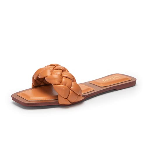 Womens Square Open Toe Flat Sandals Slip On Slides Braided Strap Slide Sandals-Orange- Womens Square Open Toe Flat Sandals Slip On Slides Braided Strap Slide Sandals-Orange-