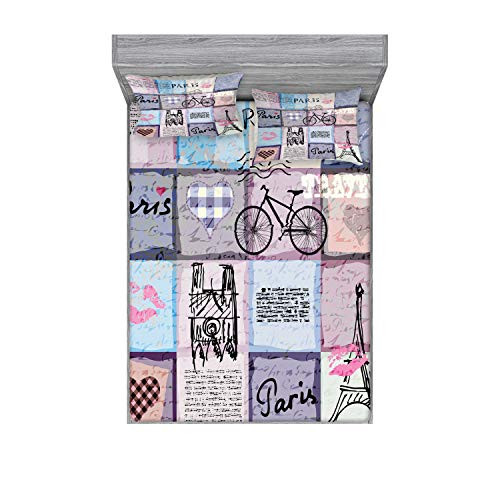 Ambesonne Paris Fitted Sheet  and  Pillow Sham Set- Grunge Textured Retro Collage of France Famous Object Eiffel Tower Europe Theme- Decorative Printed 3 Piece Bedding Decor Set- Full- Lavender