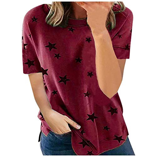 Meikosks Star Print Top Womens Plus Size Short Sleeve T Shirt O-Neck Loose Blouses Wine Meikosks Star Print Top Womens Plus Size Short Sleeve T Shirt O-Neck Loose Blouses Wine