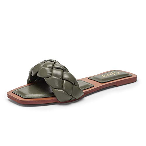 Womens Square Open Toe Flat Sandals Braided Strap Slide Sandals Slip On Slides Green Womens Square Open Toe Flat Sandals Braided Strap Slide Sandals Slip On Slides Green