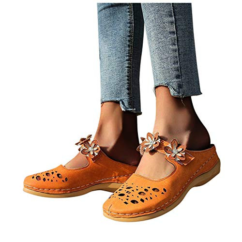 Xudanell Womens Sandals Flat Slip On Mules Strappy Closed Toe Leather Women Summer Casual Dressy Cute Sandals for Women Orange