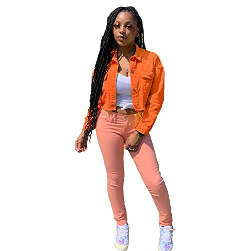 Women's Denim Jean Jackets Casual Collared Long Sleeve Basic Button Down Crop Jean Jacket Orange