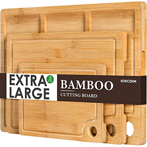 Bamboo Cutting Board for Kitchen- -Set of 3- Kitchen Chopping Board with 3 Built-In Compartments And Juice Groove Heavy Duty Serving Tray Wood Butcher Block and Wooden Carving Board with Hole