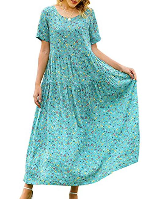 YESNO Women Casual Loose Bohemian Floral Dress with Pockets Short Sleeve Long Maxi Summer Beach Swing Dress -3XL EJF CR85-