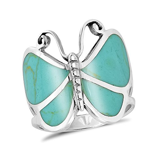 AeraVida Captivating Butterfly Motif Simulated Green Turquoise Statement .925 Sterling Silver Ring -8- AeraVida Captivating Butterfly Motif Simulated Green Turquoise Statement .925 Sterling Silver Ring -8-