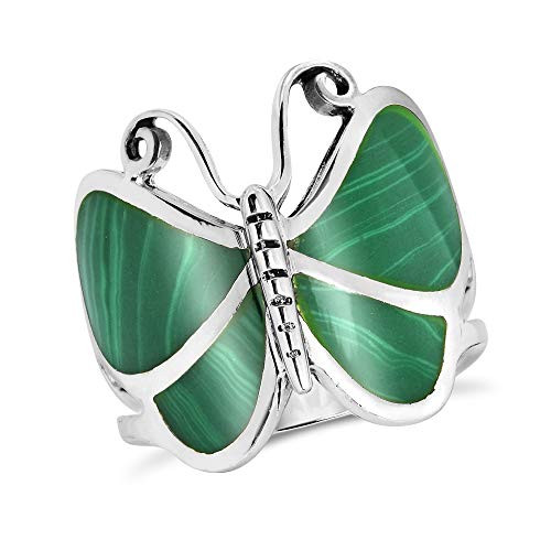 Captivating Butterfly Motif Green Malachite Statement .925 Sterling Silver Ring -9-