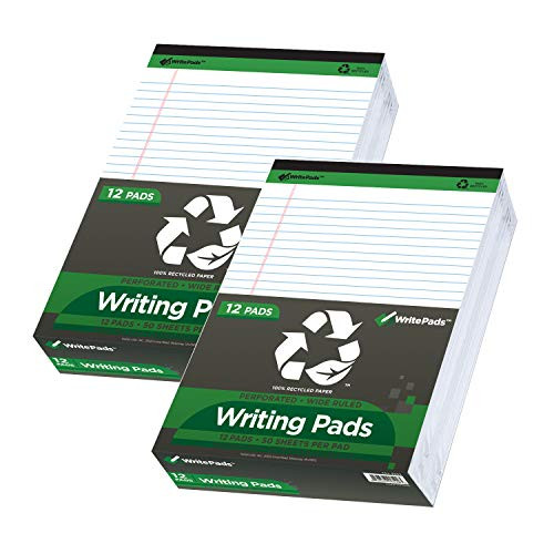 KAISA Legal Pads Writing Pads Recycled Paper Pads- 8.5inchx11.75inch Wide Ruled- 50 sheets/Pad 8-1/2inchx 11-3/4inch Large Perforated Writed Pad- White 24pads