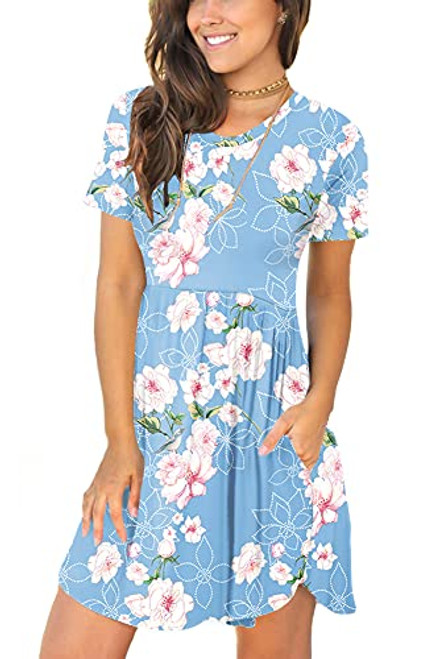 LONGYUAN Womans Short Sleeve Casual Loose Dresses Swing Sundress with Pockets Floral Light Blue Large