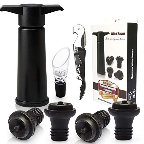 Wine Stoppers Set, Wine Saver Vacuum Pump Preserver - with 4 Bottle Stoppers, 1 Wine Aerator & 1 Bottle Opener