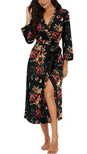VINTATRE Women Kimono Robes Long Knit Bathrobe Lightweight Soft Knit Sleepwear V-neck Casual Ladies Loungewear FP-Brown Black-Large