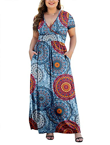 HAOMEILI Women's L-5XL Long Sleeve V-Neck Plus Size Casual Maxi Dresses with Pockets -Mix Blue- 5X-Large-