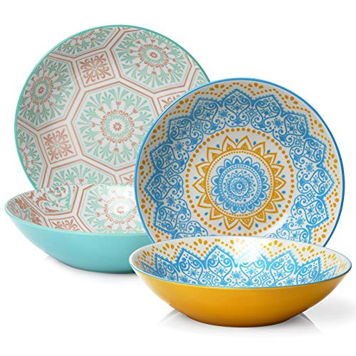 ZONESUM 9inch Pasta Bowls - 40 oz Large Serving Bowls- Salad Bowls Set of 4- Ceramic Shallow Bowl- Soup Plates for Pasta- Salad- Soup- Microwave  and  Dishwasher Safe- Vibrant Color