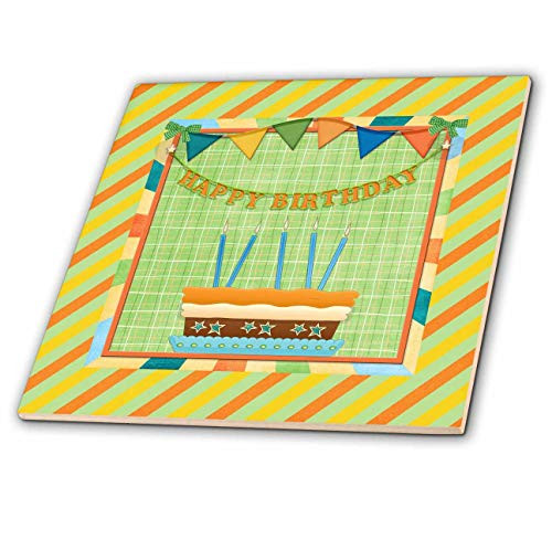 3dRose Image of Birthday Cake- Candles- Flag- Orange- Green- Blue- and Yellow - Tiles -ct_336620_3-