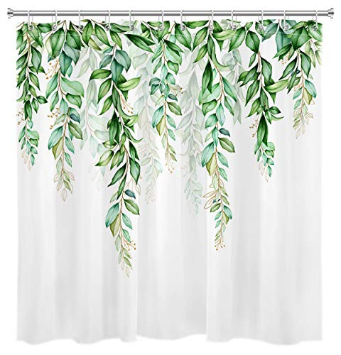 ECOTOB Green Leaves Shower Curtain for Bathroom- Watercolor Spring Botanical Plant Green Leaf Floral Branch Bouquet on White Background Fabric Bathroom Decor Set with Shower Curtain Hooks- 72x72 Inch