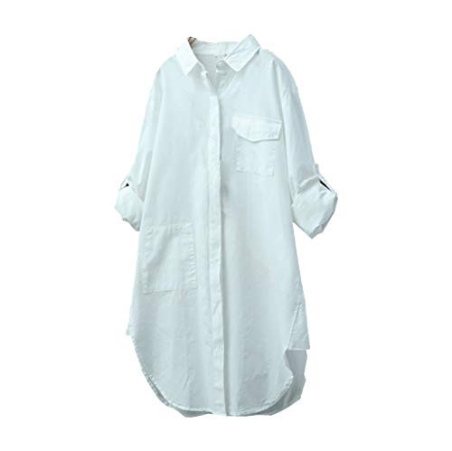 Button Down Shirt for Women Long Tops Casual Loose Stand Collar Rolled-up Long Sleeve Shirts Blouse with Pockets White