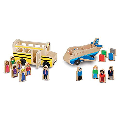 Melissa  and  Doug Wooden Classic School Bus  and  Wooden Airplane Play Set with 4 Play Figures and 4 Suitcases -9394-