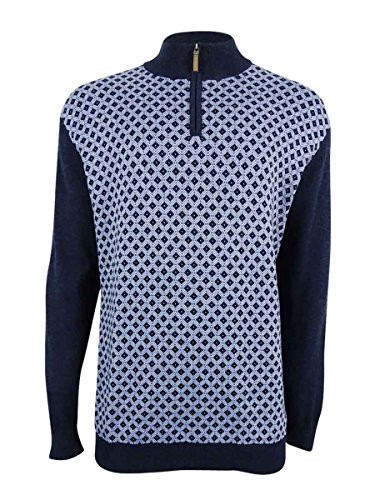 Tasso Elba Mens Patterned Quarter Zip Knit Sweater- Blue- X-Large