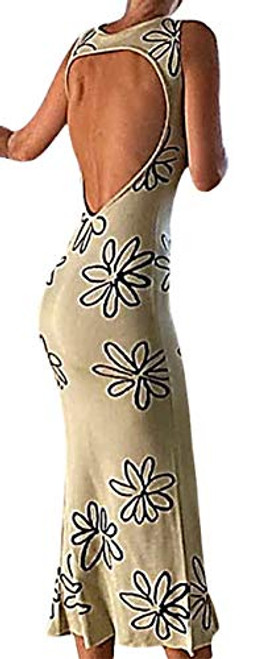 Women Y2k Knit Bodycon Long Dress Backless Maxi Tank Dress Floral Print Split Boho Sundress-W-Flower White-L-